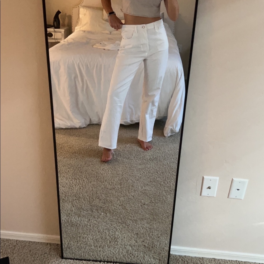 ZARA full length wide leg white jeans